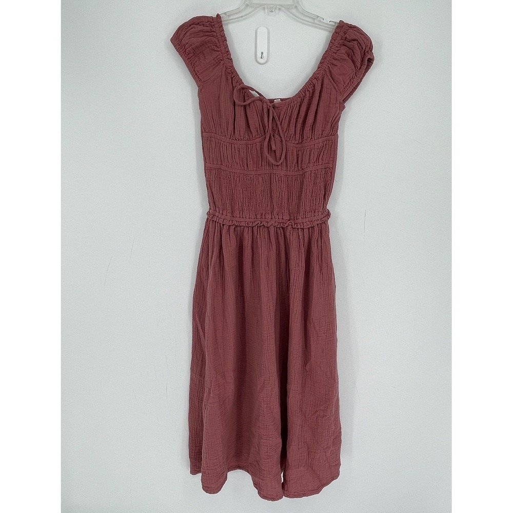 Sim & Sam Women's Pink Rose Smocked Gauze Tie Front Peasant Midi Dress Size S